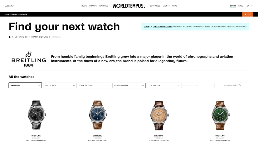 Catalogue de montres avec un moteur à facette